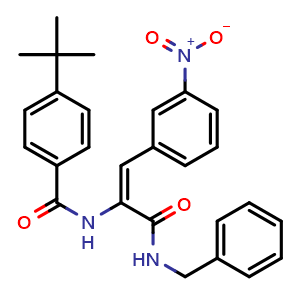 Chemical structure of N-[3-(Benzylamino)-1-(3-nitrophenyl)-3-oxo-1-propen-2-yl]-4-(tert-butyl)benzamide , CAS 431057-40-8, AChemBlock V147375