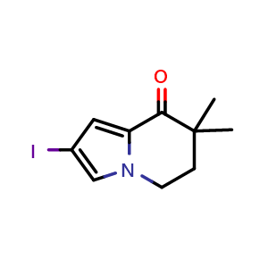 Chemical structure of 2-Iodo-7,7-dimethyl-6,7-dihydroindolizin-8(5H)-one , CAS 1416221-72-1, AChemBlock V147768