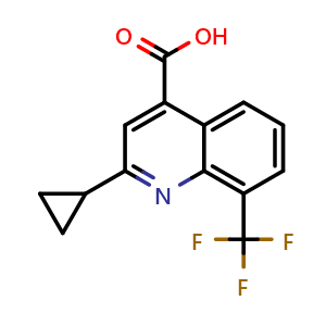 Chemical structure of 2-Cyclopropyl-8-(trifluoromethyl)quinoline-4-carboxylic Acid , CAS 897555-15-6, AChemBlock V147775