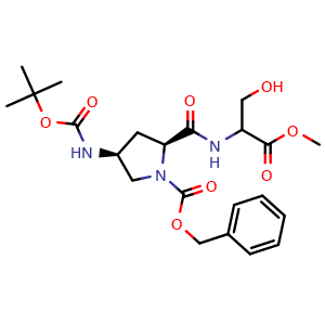 Chemical structure of Methyl 2-[(2S,4S)-1-Cbz-4-(Boc-amino)pyrrolidine-2-carboxamido]-3-hydroxypropanoate , AChemBlock V147848