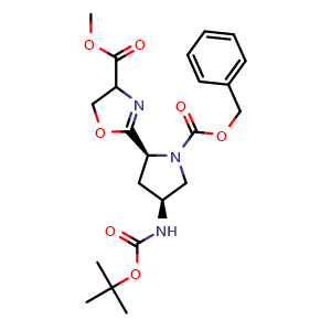 Chemical structure of Methyl 2-[(2S,4S)-1-Cbz-4-(Boc-amino)-2-pyrrolidinyl]-4,5-dihydrooxazole-4-carboxylate , AChemBlock V147849