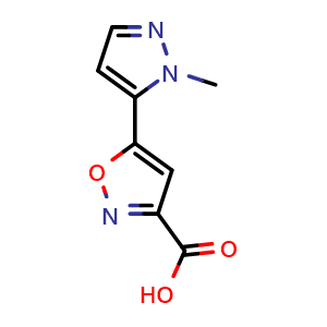 Chemical structure of 5-(1-Methyl-5-pyrazolyl)isoxazole-3-carboxylic Acid , CAS 1006349-18-3, AChemBlock V147963