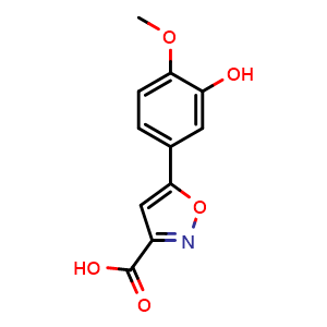 Chemical structure of 5-(3-Hydroxy-4-methoxyphenyl)isoxazole-3-carboxylic Acid , CAS 1826025-72-2, AChemBlock V147979