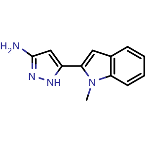 Chemical structure of 3-Amino-5-(1-methyl-2-indolyl)pyrazole , AChemBlock V148041