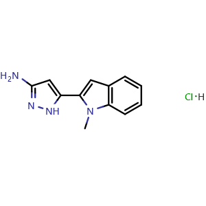 Chemical structure of 3-Amino-5-(1-methyl-2-indolyl)pyrazole Hydrochloride , AChemBlock V148042