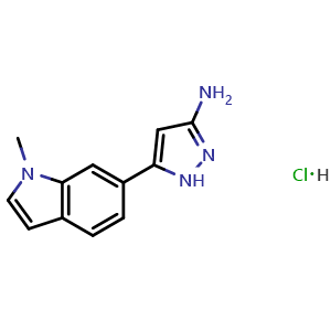 Chemical structure of 3-Amino-5-(1-methyl-6-indolyl)pyrazole Hydrochloride , AChemBlock V148063
