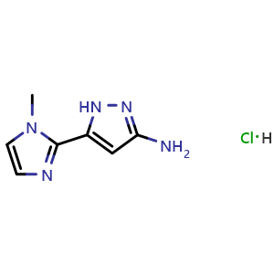Chemical structure of 3-Amino-5-(1-methyl-2-imidazolyl)pyrazole Hydrochloride , AChemBlock V148071