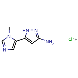 Chemical structure of 3-Amino-5-(1-methyl-5-imidazolyl)pyrazole Hydrochloride , AChemBlock V148077