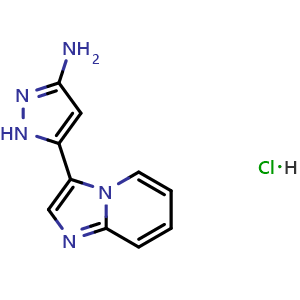 Chemical structure of 3-Amino-5-(3-imidazo[1,2-a]pyridyl)pyrazole Hydrochloride , AChemBlock V148081