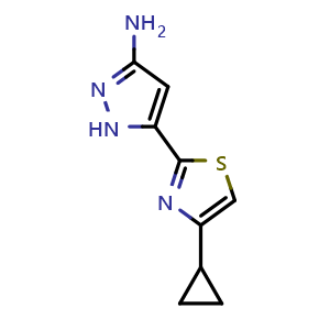 Chemical structure of 3-Amino-5-(4-cyclopropyl-2-thiazolyl)pyrazole , AChemBlock V148083
