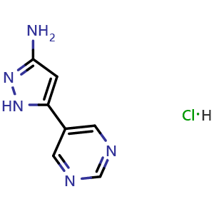 Chemical structure of 3-Amino-5-(5-pyrimidinyl)pyrazole Hydrochloride , AChemBlock V148094