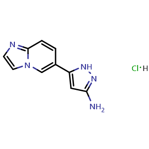 Chemical structure of 3-Amino-5-(6-imidazo[1,2-a]pyridyl)pyrazole Hydrochloride , AChemBlock V148111