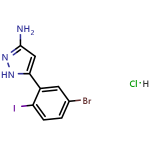 Chemical structure of 3-Amino-5-(5-bromo-2-iodophenyl)pyrazole Hydrochloride , CAS 2869715-23-9, AChemBlock V148163