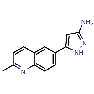 Chemical structure of 3-Amino-5-(2-methyl-6-quinolyl)pyrazole , CAS 1040724-38-6, AChemBlock V148219