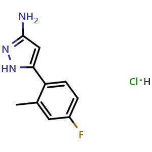 Chemical structure of 3-Amino-5-(4-fluoro-2-methylphenyl)pyrazole Hydrochloride , CAS 2867787-08-2, AChemBlock V148239