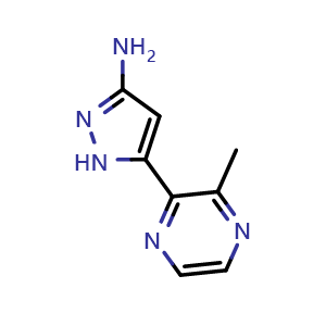 Chemical structure of 3-Amino-5-(3-methyl-2-pyrazinyl)pyrazole , AChemBlock V148257