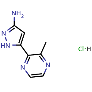 Chemical structure of 3-Amino-5-(3-methyl-2-pyrazinyl)pyrazole Hydrochloride , AChemBlock V148258