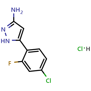 Chemical structure of 3-Amino-5-(4-chloro-2-fluorophenyl)pyrazole Hydrochloride , CAS 2868235-59-8, AChemBlock V148261