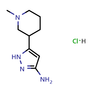 Chemical structure of 3-Amino-5-(1-methyl-3-piperidyl)pyrazole Hydrochloride , AChemBlock V148291