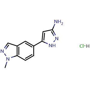 Chemical structure of 3-Amino-5-(1-methyl-5-indazolyl)pyrazole Hydrochloride , AChemBlock V148309