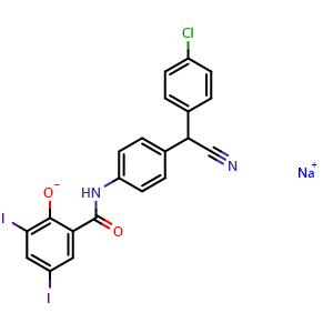 Chemical structure of Sodium 2-[[4-[(4-Chlorophenyl)(cyano)methyl]phenyl]carbamoyl]-4,6-diiodophenolate , CAS 1807811-35-3, AChemBlock V148372