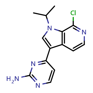 Chemical structure of 2-Amino-4-(7-chloro-1-isopropyl-1H-pyrrolo[2,3-c]pyridin-3-yl)pyrimidine , CAS 1221153-77-0, AChemBlock V148388