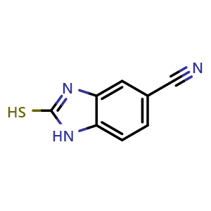 Chemical structure of 2-Mercaptobenzimidazole-5-carbonitrile , CAS 106135-31-3, AChemBlock V148427