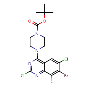 Chemical structure of 4-(4-Boc-1-piperazinyl)-7-bromo-2,6-dichloro-8-fluoroquinazoline , CAS 1698028-12-4, AChemBlock V148466