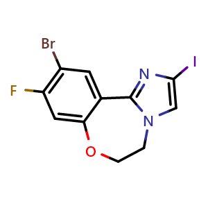 Chemical structure of 10-Bromo-9-fluoro-2-iodo-5,6-dihydrobenzo[f]imidazo[1,2-d][1,4]oxazepine , CAS 1401305-32-5, AChemBlock V148500
