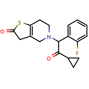 Chemical structure of 5-[2-Cyclopropyl-1-(2-fluorophenyl)-2-oxoethyl]-4,5,6,7-tetrahydrothieno[3,2-c]pyridin-2(3H)-one , CAS 951380-42-0, AChemBlock V148529