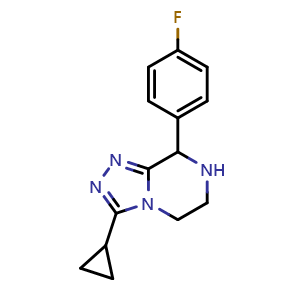 Chemical structure of 3-Cyclopropyl-8-(4-fluorophenyl)-5,6,7,8-tetrahydro-[1,2,4]triazolo[4,3-a]pyrazine , CAS 1887133-41-6, AChemBlock V148646