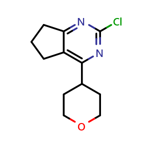 Chemical structure of 2-Chloro-4-(tetrahydro-2H-pyran-4-yl)-6,7-dihydro-5H-cyclopenta[d]pyrimidine , CAS 2387185-13-7, AChemBlock V148709
