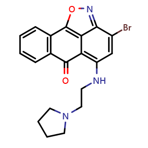 Chemical structure of 3-Bromo-5-[[2-(pyrrolidin-1-yl)ethyl]amino]-6H-anthra[1,9-cd]isoxazol-6-one , CAS 1853345-00-2, AChemBlock V148717