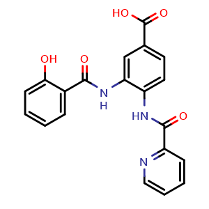 Chemical structure of 3-(2-Hydroxybenzamido)-4-(picolinamido)benzoic Acid , CAS 2743656-95-1, AChemBlock V148723