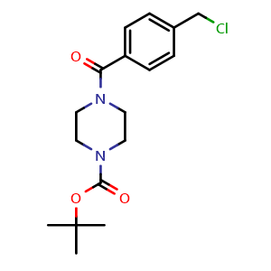 Chemical structure of tert-Butyl 4-[4-(Chloromethyl)benzoyl]piperazine-1-carboxylate , CAS 206554-92-9, AChemBlock V148738