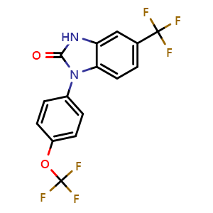 Chemical structure of 1-[4-(Trifluoromethoxy)phenyl]-5-(trifluoromethyl)benzimidazol-2(3H)-one , CAS 877681-22-6, AChemBlock V148789