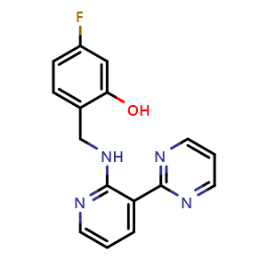 Chemical structure of 5-Fluoro-2-[[[3-(2-pyrimidinyl)-2-pyridyl]amino]methyl]phenol , CAS 1575392-43-6, AChemBlock V148855