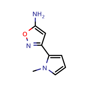 Chemical structure of 5-Amino-3-(1-methyl-2-pyrrolyl)isoxazole , CAS 1504737-05-6, AChemBlock V148933