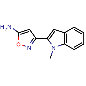 Chemical structure of 5-Amino-3-(1-methyl-2-indolyl)isoxazole , CAS 1888818-07-2, AChemBlock V148941