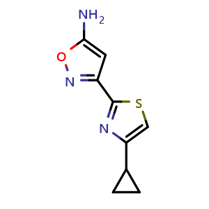Chemical structure of 5-Amino-3-(4-cyclopropyl-2-thiazolyl)isoxazole , CAS 2872869-09-3, AChemBlock V148955
