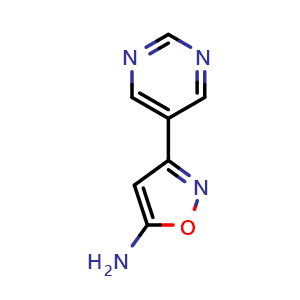 Chemical structure of 5-Amino-3-(5-pyrimidinyl)isoxazole , CAS 1594955-45-9, AChemBlock V148959
