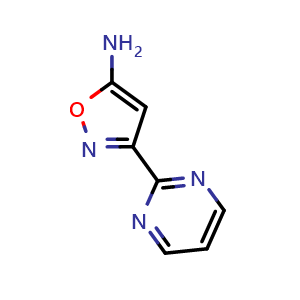 Chemical structure of 5-Amino-3-(2-pyrimidinyl)isoxazole , CAS 1600878-75-8, AChemBlock V148974