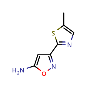 Chemical structure of 5-Amino-3-(5-methyl-2-thiazolyl)isoxazole , CAS 2876583-08-1, AChemBlock V148996