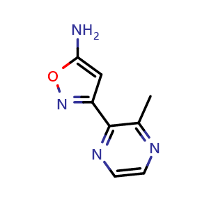 Chemical structure of 5-Amino-3-(3-methyl-2-pyrazinyl)isoxazole , CAS 2229573-21-9, AChemBlock V149009