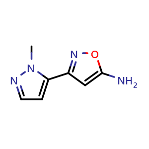 Chemical structure of 5-Amino-3-(1-methyl-5-pyrazolyl)isoxazole , CAS 1708436-27-4, AChemBlock V149014