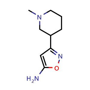 Chemical structure of 5-Amino-3-(1-methyl-3-piperidyl)isoxazole , CAS 1893989-57-5, AChemBlock V149018
