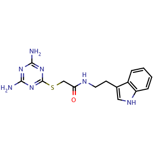 Chemical structure of N-[2-(3-Indolyl)ethyl]-2-[(4,6-diamino-1,3,5-triazin-2-yl)thio]acetamide , CAS 1110893-74-7, AChemBlock V149038