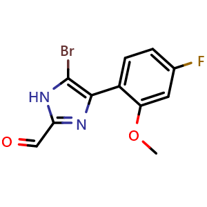 Chemical structure of 5-Bromo-4-(4-fluoro-2-methoxyphenyl)imidazole-2-carbaldehyde , CAS 2826653-11-4, AChemBlock V149143