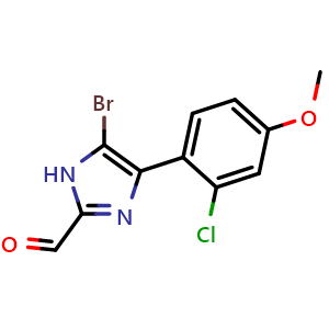 Chemical structure of 5-Bromo-4-(2-chloro-4-methoxyphenyl)imidazole-2-carbaldehyde , CAS 2826654-48-0, AChemBlock V149163
