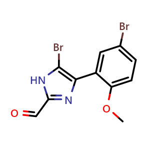 Chemical structure of 5-Bromo-4-(5-bromo-2-methoxyphenyl)imidazole-2-carbaldehyde , CAS 2834642-74-7, AChemBlock V149200